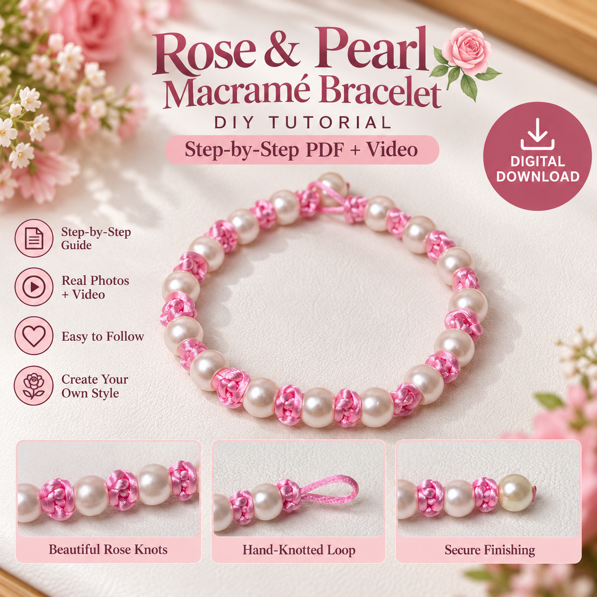 08-Rose & Pearl Macramé Bracelet DIY Tutorial – Step-by-Step PDF + Video