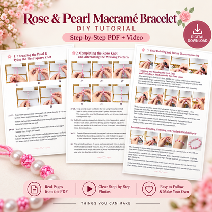 08-Rose & Pearl Macramé Bracelet DIY Tutorial – Step-by-Step PDF + Video
