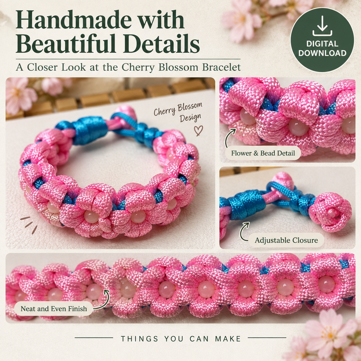 Cherry Blossom Cord Bracelet Tutorial – Step-by-Step PDF Pattern + Video