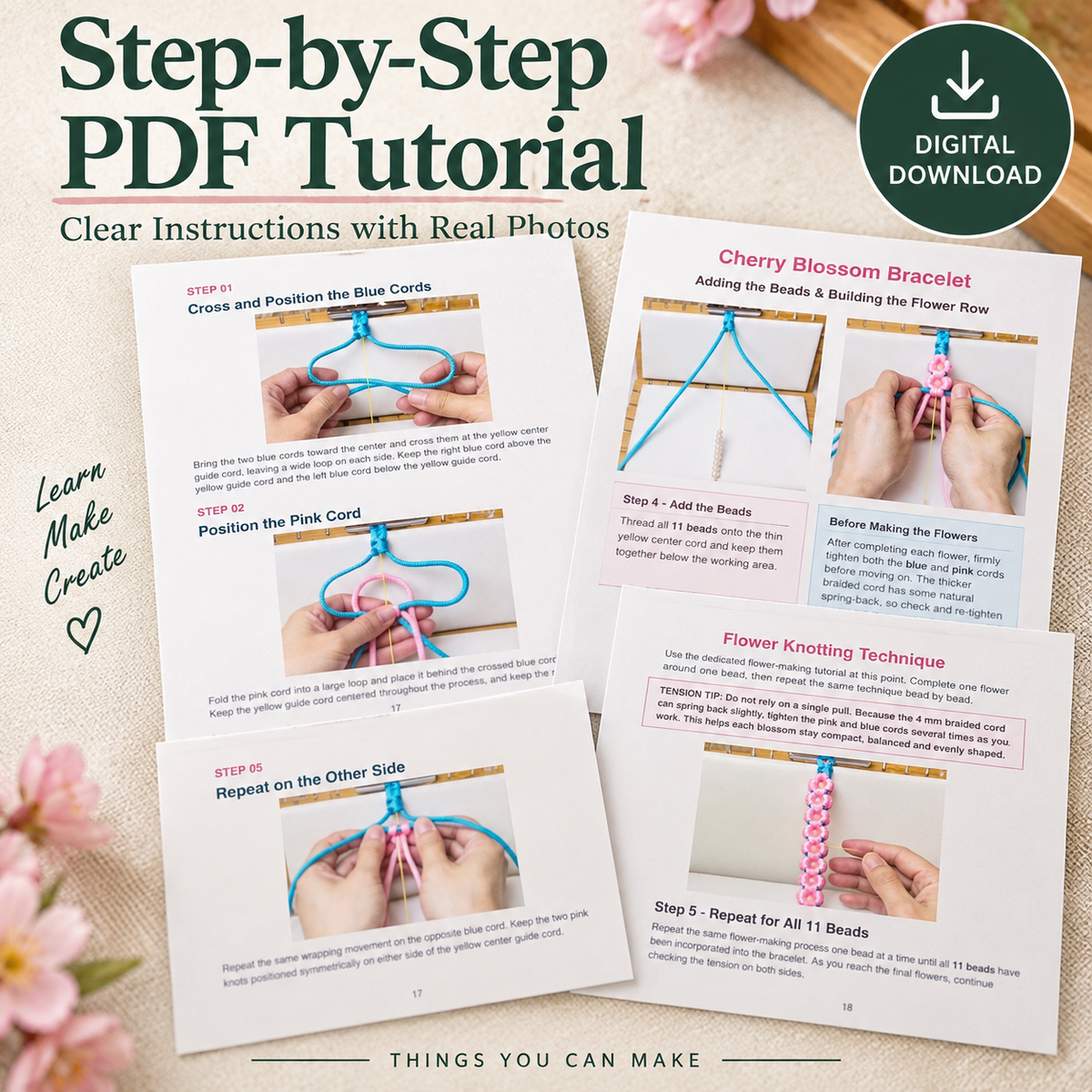 Cherry Blossom Cord Bracelet Tutorial – Step-by-Step PDF Pattern + Video