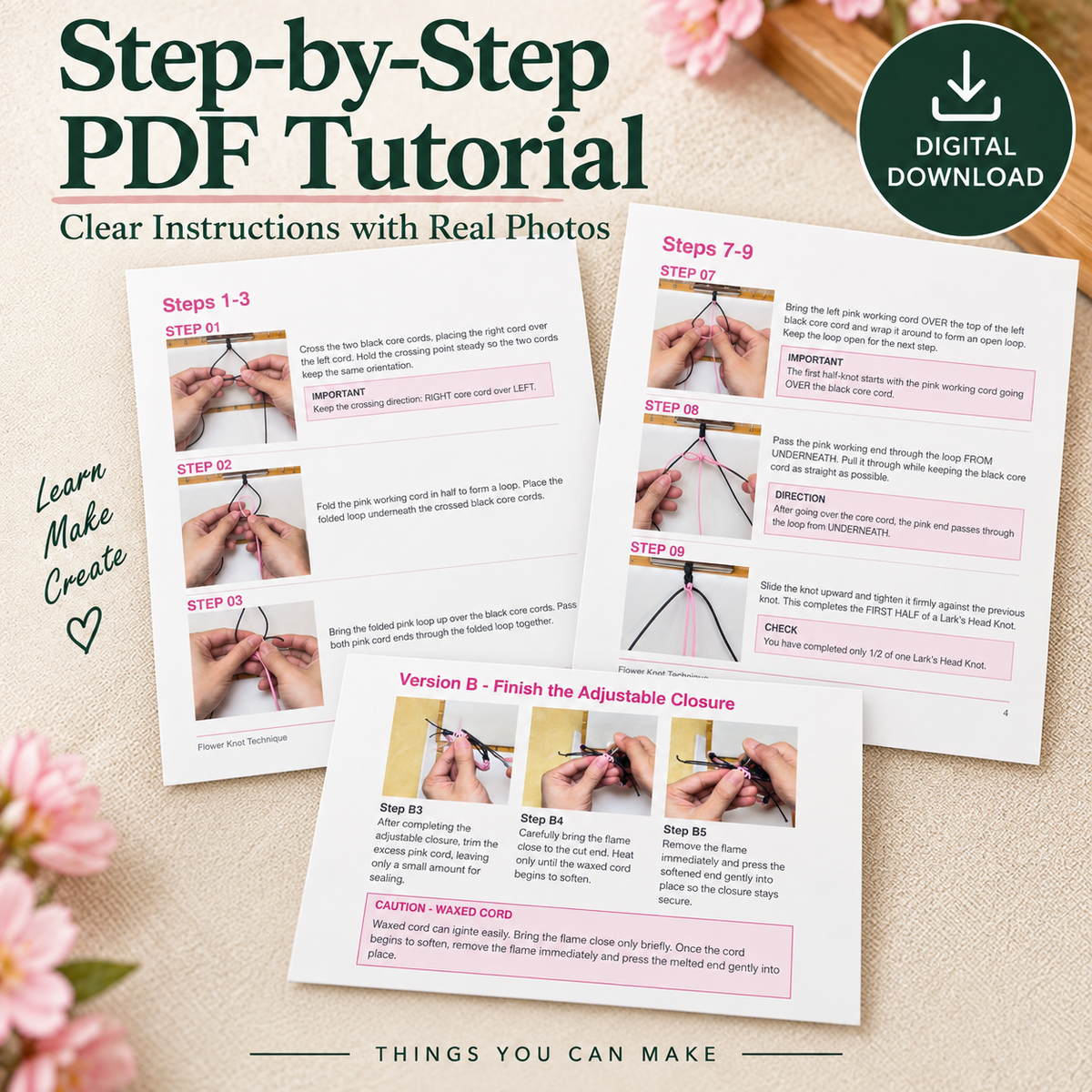 Flower Knot Bracelet DIY Tutorial – 42-Page PDF + Video | 2 Versions & 4 Knot Techniques