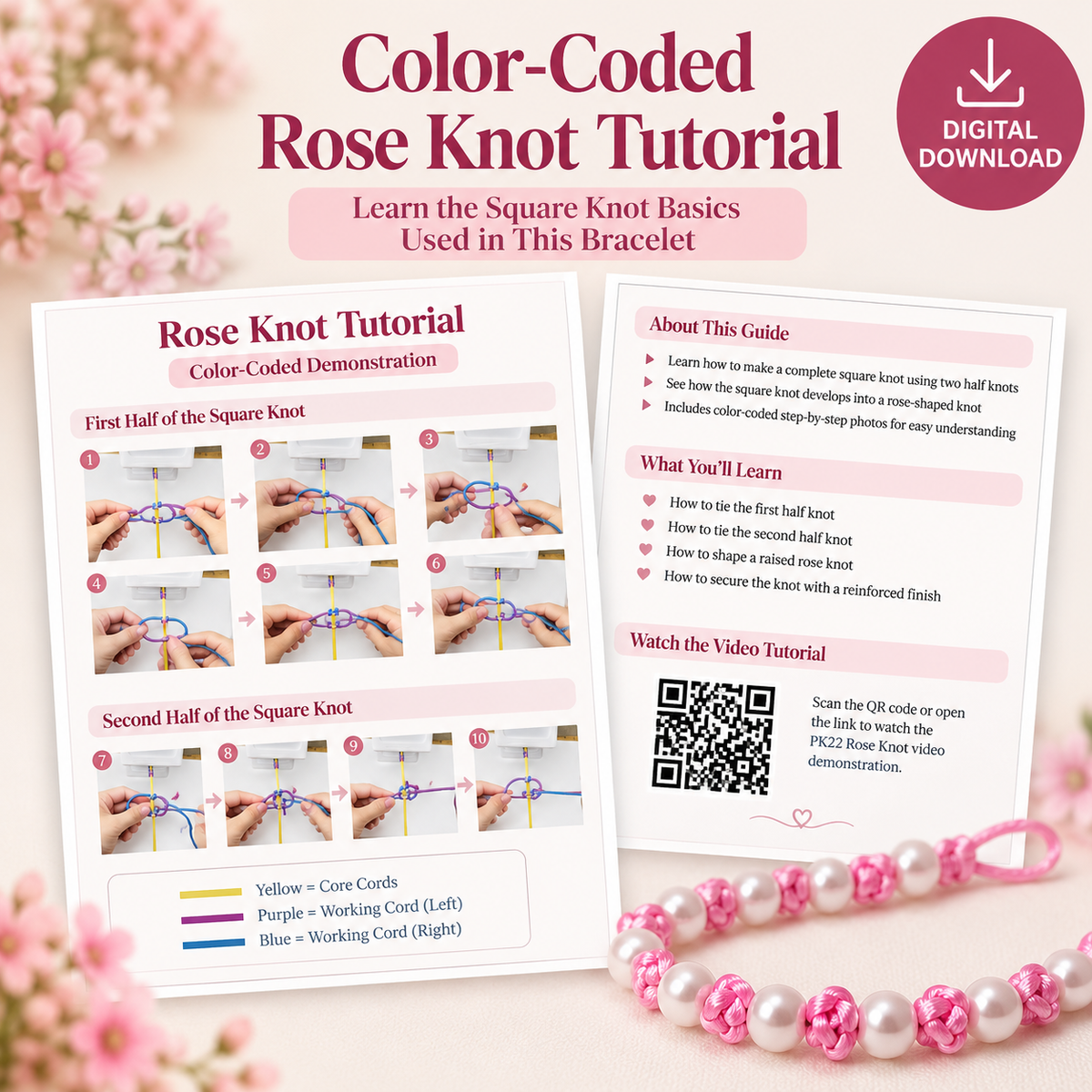 08-Rose & Pearl Macramé Bracelet DIY Tutorial – Step-by-Step PDF + Video