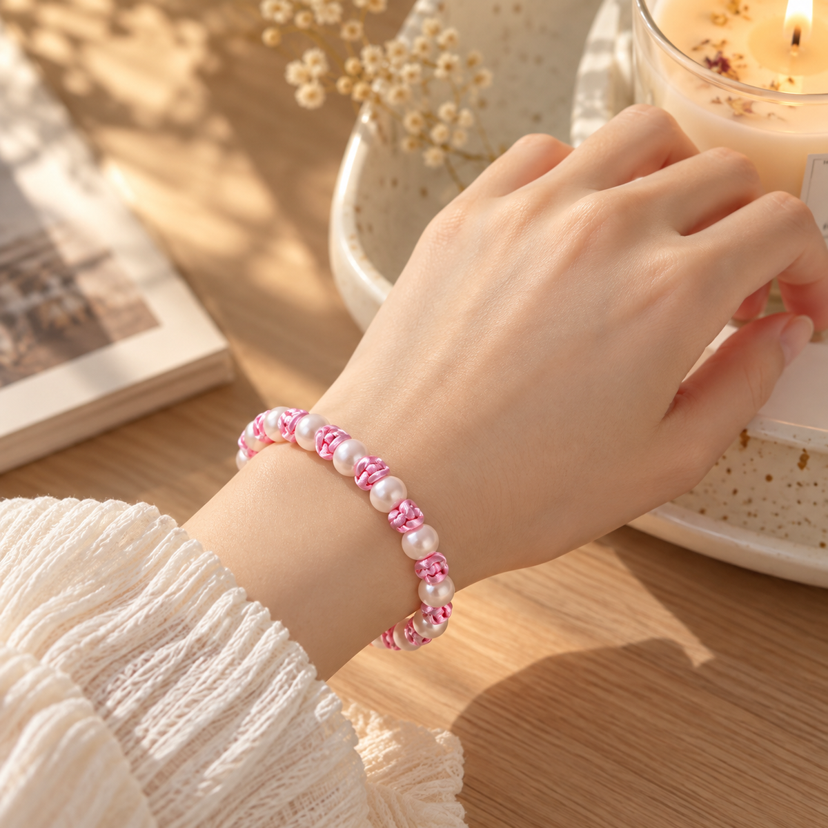 08-Rose & Pearl Macramé Bracelet DIY Tutorial – Step-by-Step PDF + Video